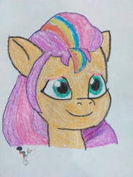 Size: 4000x3000 | Tagged: safe, artist:melodious, sunny starscout, earth pony, pony, g5, adorable face, cute, cute face, drawing, female, mane stripe sunny, mare, signature, smiling, solo, striped mane, sunnybetes, traditional art