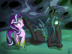 Size: 4000x3000 | Tagged: safe, artist:noomeralf, queen chrysalis, starlight glimmer, changeling, pony, unicorn, g4, bondage, captured, changeling egg, changeling hive, changeling slime, crown, egg, female, fetish, floppy ears, frog (hoof), hoof fetish, hoof on face, hooves, insect wings, jewelry, magic suppression, mare, one eye closed, open mouth, regalia, slime, sticky, teasing, underhoof, wings