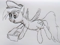 Size: 3323x2480 | Tagged: safe, artist:dhm, derpy hooves, pony, g4, box, high res, mailmare, monochrome, package, sketch, solo, traditional art