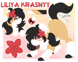 Size: 2500x2000 | Tagged: safe, artist:euspuche, oc, oc only, oc:liliya krasnyy, earth pony, female, flower, flower in hair, high res, open mouth, reference sheet, smiling, solo