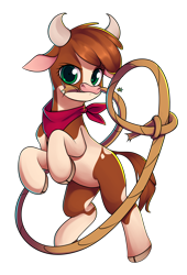 Size: 3282x4824 | Tagged: safe, alternate version, artist:alexsc112, derpibooru exclusive, arizona (tfh), cow, them's fightin' herds, bandana, cloven hooves, community related, female, lasso, looking at you, mouth hold, rope, simple background, solo, transparent background