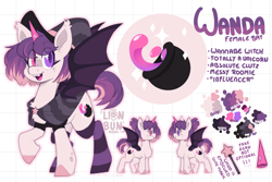 Size: 3000x2000 | Tagged: safe, artist:lionbun, oc, oc only, oc:wanda, bat pony, bat pony oc, character design, clothes, cute, fake horn, hat, heterochromia, high res, reference sheet, socks, solo, stockings, striped socks, thigh highs, witch, witch hat