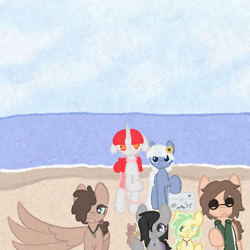 Size: 1020x1020 | Tagged: safe, artist:castafae, oc, oc only, oc:albatross, oc:easel, oc:gray garden, oc:greenie, oc:radio, oc:reign, oc:snowy, earth pony, pegasus, pony, unicorn, beach, blushing, clothes, cooler, female, group, group photo, hair over one eye, lidded eyes, looking at you, mare, smiling, spread wings, sunglasses, tiny, tiny ponies, wingding eyes, wings