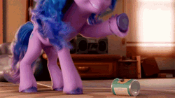 Size: 640x358 | Tagged: safe, screencap, izzy moonbow, pony, unicorn, g5, my little pony: a new generation, official, spoiler:my little pony: a new generation, animated, balancing, book, couch, cute, female, gif, izzybetes, lamp, mare, slow motion, slowed down, window