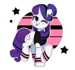 Size: 3464x3243 | Tagged: safe, artist:kittyrosie, rarity, pony, unicorn, g4, :p, alternate hairstyle, clothes, cute, ear piercing, earring, eyeshadow, female, goth, heart, high res, jewelry, makeup, mare, one eye closed, piercing, raised hoof, raised leg, raribetes, simple background, solo, standing on two hooves, tank top, tattoo, tongue out, white background, wink, wristband