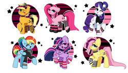 Size: 6618x3784 | Tagged: safe, artist:kittyrosie, part of a set, applejack, fluttershy, pinkie pie, rainbow dash, rarity, twilight sparkle, alicorn, earth pony, pegasus, pony, unicorn, g4, :p, alternate hairstyle, boots, choker, clothes, cute, dashabetes, diapinkes, ear piercing, earring, eyes closed, eyeshadow, female, goth, hair over one eye, heart, hoodie, jackabetes, jewelry, leg warmers, makeup, mane six, mare, necklace, one eye closed, open mouth, piercing, pinkamena diane pie, raised hoof, raised leg, raribetes, shoes, shyabetes, simple background, socks, spiked choker, striped socks, tank top, tattoo, tongue out, twiabetes, twilight sparkle (alicorn), white background, wink, wristband