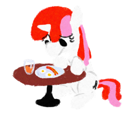 Size: 1092x1014 | Tagged: safe, artist:purppone, oc, oc only, oc:righty tighty, pony, unicorn, breakfast, female, juice, lineless, mare, orange juice, simple background, solo, table, transparent background