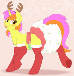 Size: 1751x1800 | Tagged: safe, artist:shuphle, oc, oc only, pony, unicorn, antlers, blushing, butt, clothes, diaper, diaper fetish, fetish, horn, looking back, non-baby in diaper, plot, poofy diaper, reindeer antlers, solo, stockings, thigh highs, tongue out, underhoof