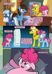Size: 1920x2715 | Tagged: safe, artist:alexdti, carrot cake, cup cake, pinkie pie, oc, oc:exobass, earth pony, pegasus, pony, comic:how we met, g4, bed, female, filly, filly pinkie pie, foal, mouth hold, open mouth, tired, younger