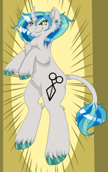 Size: 1056x1680 | Tagged: safe, artist:annuthecatgirl, oc, oc:sharp shear, unicorn, belly button, cloven hooves, curved horn, horn, leonine tail, solo, standing up, tail