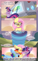 Size: 2560x4096 | Tagged: safe, artist:kebchach, fluttershy, rainbow dash, twilight sparkle, pegasus, pony, unicorn, semi-anthro, art pack:welcum to birthday artpack, comic:hurricane sluttershy, g4, hurricane fluttershy, blushing, chest fluff, comic, dialogue, female, goggles, human shoulders, lesbian, looking at someone, missing cutie mark, open mouth, ship:flutterdash, shipping, smiling, spread wings, text, tornado, wings