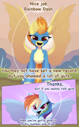 Size: 2560x4096 | Tagged: safe, artist:kebchach, rainbow dash, spitfire, pegasus, pony, art pack:welcum to birthday artpack, comic:hurricane sluttershy, g4, hurricane fluttershy, chest fluff, clothes, dialogue, human shoulders, looking at each other, looking at someone, open mouth, smiling, spread wings, text, uniform, wings, wonderbolts uniform