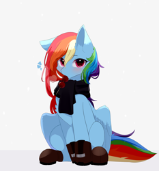 Size: 2800x3000 | Tagged: safe, artist:heddopen, rainbow dash, pegasus, pony, g4, blushing, boots, chest fluff, clothes, dango, ear fluff, eating, emanata, female, floppy ears, food, high res, looking at you, mare, mouth hold, one ear down, partially open wings, scarf, shoes, sitting, snow, snowfall, solo, three quarter view, wings, wings down, winter outfit