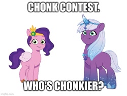 Size: 577x433 | Tagged: safe, artist:prixy05, edit, edited screencap, editor:professorventurer, screencap, pipp petals, violet frost, auroricorn, pegasus, pony, g5, my little pony: tell your tale, chonk, contest, duo, female, mare, meme, simple background, white background