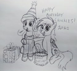 Size: 3240x2953 | Tagged: safe, artist:dhm, derpy hooves, oc, oc:chuckles, pony, g4, birthday, cake, candle, food, gift art, high res, monochrome, sketch, traditional art