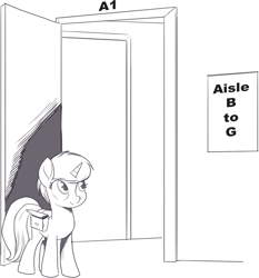 Size: 1454x1563 | Tagged: safe, artist:nauyaco, oc, pony, unicorn, door, female, mare, monochrome, o, solo