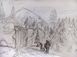 Size: 4129x3016 | Tagged: safe, artist:dhm, rainbow dash, oc, oc:anon, pony, g4, forest, hiking, monochrome, mountain, nature, river, scenery, sketch, sky, traditional art, tree, water