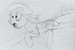 Size: 2686x1800 | Tagged: safe, artist:dhm, rainbow dash, pony, g4, monochrome, running, sketch, solo, surprised, traditional art