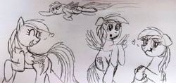 Size: 3656x1728 | Tagged: safe, artist:dhm, rainbow dash, pony, g4, flying, heart, hoof hold, monochrome, sketch, sketch dump, smiling, surprised, traditional art