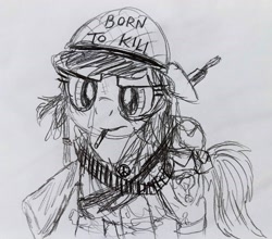 Size: 3219x2838 | Tagged: safe, artist:dhm, oc, oc:filly anon, pony, backpack, bullet, cigarette, dirty, dishevelled, ears back, female, filly, full metal jacket, gun, helmet, high res, monochrome, rifle, sketch, smoking, soldier, solo, traditional art, vietnam war, weapon