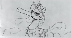 Size: 3356x1817 | Tagged: safe, artist:dhm, princess celestia, pony, g4, cursed image, long muzzle, monochrome, sketch, snoot, snout, solo, traditional art