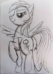 Size: 2519x3506 | Tagged: safe, artist:dhm, rainbow dash, pegasus, pony, g4, butt, female, from behind, high res, mare, monochrome, plot, raised hoof, sketch, smug, solo, spread wings, traditional art, wings