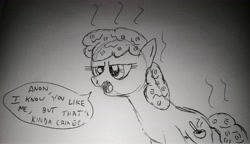 Size: 4036x2319 | Tagged: safe, artist:dhm, oc, oc:oatmeal, pony, annoyed, drawthread, monochrome, sketch, solo, speech bubble, steam, traditional art