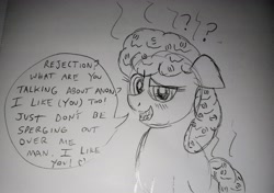 Size: 3834x2695 | Tagged: safe, artist:dhm, oc, oc:oatmeal, pony, high res, monochrome, sketch, solo, speech bubble, steam, traditional art