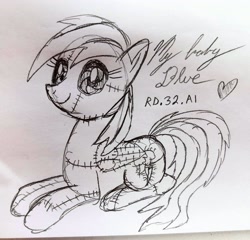 Size: 3256x3120 | Tagged: safe, artist:dhm, rainbow dash, oc, oc:rd.32.ai, pony, robot, ex waifu ex machina, heart, high res, lying down, monochrome, sketch, solo, stitched body, traditional art