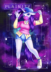 Size: 1748x2480 | Tagged: safe, artist:sweetpea-and-friends, rarity, unicorn, anthro, g4, alternate hairstyle, backwards ballcap, baseball cap, bubblegum, cap, clothes, converse, disguise, female, floppy ears, food, galaxy, gum, hat, looking at you, plainity, shoes, shorts, solo