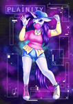 Size: 1748x2480 | Tagged: safe, artist:sweetpea-and-friends, rarity, unicorn, anthro, g4, alternate hairstyle, backwards ballcap, baseball cap, bubblegum, cap, clothes, converse, disguise, female, floppy ears, food, galaxy, gum, hat, looking at you, plainity, shoes, shorts, solo