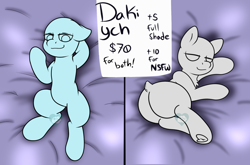 Size: 1787x1178 | Tagged: safe, artist:bluemoon, oc, pony, arm behind head, bed, bedroom eyes, blanket, body pillow, body pillow design, butt, commission, dakimakura cover, duo, fabric, flank, lying down, lying on bed, on back, on bed, on side, plot, sheet, solo, ych example, your character here