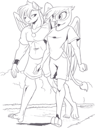 Size: 1561x2093 | Tagged: safe, artist:nauyaco, gilda, oc, pegasus, anthro, g4, clothes, monochrome, shirt, shorts