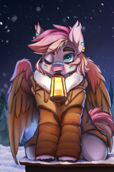 Size: 1360x2048 | Tagged: safe, artist:kirby_orange, oc, oc only, pegasus, bandaid, christmas, clothes, cute, ear fluff, ear piercing, female, fur coat, gift art, holiday, jacket, lamp, lantern, large wings, mare, one eye closed, piercing, scar, secret santa, short hair, sitting, snow, snowfall, solo, stomach, wings, winter outfit