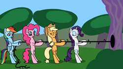 Size: 1920x1080 | Tagged: safe, artist:platinumdrop, applejack, pinkie pie, rainbow dash, rarity, unicorn, g4, black vine, commission, eyes closed, eyes open, happy, pulling, smiling, tired eyes