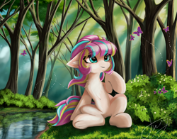 Size: 5570x4368 | Tagged: safe, artist:empress-twilight, oc, oc only, oc:bijou butterfly, butterfly, earth pony, pony, blue eyes, chest fluff, creek, ear fluff, earth pony oc, eye clipping through hair, eyebrows, eyebrows visible through hair, female, forest, hoof fluff, mare, multicolored hair, multicolored mane, multicolored tail, nature, outdoors, scenery, sitting, smiling, solo, tail, tree, water