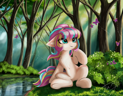 Size: 5570x4368 | Tagged: safe, artist:empress-twilight, oc, oc only, oc:bijou butterfly, butterfly, earth pony, pony, belly, belly button, blue eyes, chest fluff, creek, ear fluff, earth pony oc, eye clipping through hair, eyebrows, eyebrows visible through hair, female, forest, hoof fluff, mare, multicolored hair, multicolored mane, multicolored tail, nature, outdoors, scenery, sitting, smiling, solo, tail, tree, underhoof, water