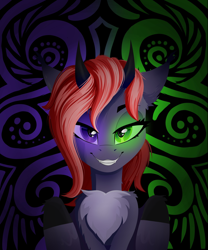 Size: 1800x2160 | Tagged: safe, artist:electric motor, artist:rainbowfire, oc, oc only, oc:кама, bat pony, hybrid, pegasus, bicolor wings, fangs, gradient mane, heterochromia, horns, looking at you, smiling, wings