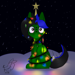 Size: 2000x2000 | Tagged: safe, artist:endelthepegasus, oc, oc only, oc:endel frostlion, pegasus, chest fluff, christmas, christmas lights, christmas tree, collar, high res, holiday, looking at you, male, sitting, solo, tree