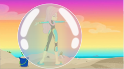 Size: 1188x666 | Tagged: safe, edit, edited screencap, screencap, fluttershy, human, aww... baby turtles, equestria girls, g4, my little pony equestria girls: better together, beach, bubble, bucket, female, fluttershy trapped in a bubble, in bubble, sunset