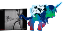 Size: 2241x1074 | Tagged: safe, artist:equestriaexploration, oc, mouse, pony, unicorn, confused, happy, kidnapped, magic, magic aura, mickey mouse, minnie mouse, multicolored coat, public domain, shocked, shocked expression, simple background, steamboat willie, telekinesis, transparent background