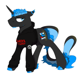 Size: 4312x4252 | Tagged: safe, artist:hrabiadeblacksky, oc, oc only, oc:hrabia de black sky, hybrid, original species, pony, unicorn, 2024 community collab, derpibooru community collaboration, black, black hoodie, clothes, correction, hoodie, horn, male, shadow company, simple background, solo, stallion, transparent background