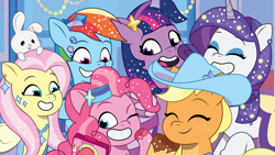 Size: 2400x1350 | Tagged: safe, artist:prixy05, angel bunny, applejack, fluttershy, pinkie pie, rainbow dash, rarity, twilight sparkle, alicorn, earth pony, pegasus, pony, rabbit, unicorn, crystal ball (episode), g4, g5, my little pony: tell your tale, spoiler:g5, spoiler:my little pony: tell your tale, spoiler:tyts01e68, animal, character swap, female, g4 to g5, generation leap, group photo, heartwarming, mane six, mare, phone, twilight sparkle (alicorn)