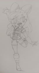 Size: 2491x4616 | Tagged: safe, artist:shadowhawx, apple bloom, human, g4, boots, freckles, humanized, open mouth, raised hand, shoes, sketch, solo, suspenders, traditional art