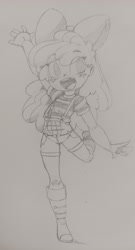 Size: 2491x4616 | Tagged: safe, artist:shadowhawx, apple bloom, human, g4, boots, female, freckles, humanized, open mouth, raised hand, shoes, sketch, solo, suspenders, traditional art