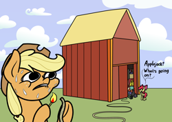 Size: 2048x1448 | Tagged: safe, artist:ewoudcponies, apple bloom, applejack, earth pony, pony, g4, barn, bomb, dynamite, explosives, female, filly, fireworks, foal, mare, match, nervous, osha violation, sweat, text, too dumb to live, weapon