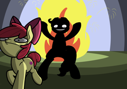 Size: 2048x1448 | Tagged: safe, artist:ewoudcponies, apple bloom, applejack, earth pony, pony, g4, explosion, female, filly, fire, foal, mare, some mares just want to watch the world burn