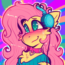 Size: 3500x3500 | Tagged: safe, artist:yumkandie, fluttershy, pegasus, pony, g4, abstract background, blushing, bust, cheek fluff, chest fluff, clothes, collar, ear fluff, female, freckles, headphones, heart, heart eyes, high res, mare, portrait, smiling, solo, sweat, sweater, swirly eyes, three quarter view, wingding eyes