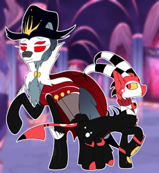 Size: 1837x2005 | Tagged: safe, artist:bryony6210, demon, demon pony, imp, pony, blitzo buckzo, cape, chest fluff, clothes, colored sclera, crossover, demon horns, duo, duo male, ear fluff, four eyes, gay, glowing, glowing eyes, hat, hellaverse, hellborn, helluva boss, horns, infidelity, interspecies, male, non-mlp shipping, ponified, shipping, spaded tail, stallion, stolas, stolas (helluva boss), stolitz, tail, vest, yellow sclera