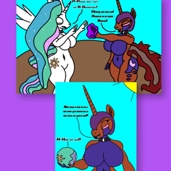 Size: 1280x1280 | Tagged: safe, artist:armadillokingbr4dy, princess celestia, oc, oc:bloodmoon, anthro, g4, ball, comic, morph ball, princess ballestia